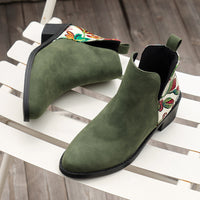 Flowers Printed Ankle Boots Fashion Side Zipper V-cut Square Heel Shoes For Autumn Winter Pionted Toe Boot Women