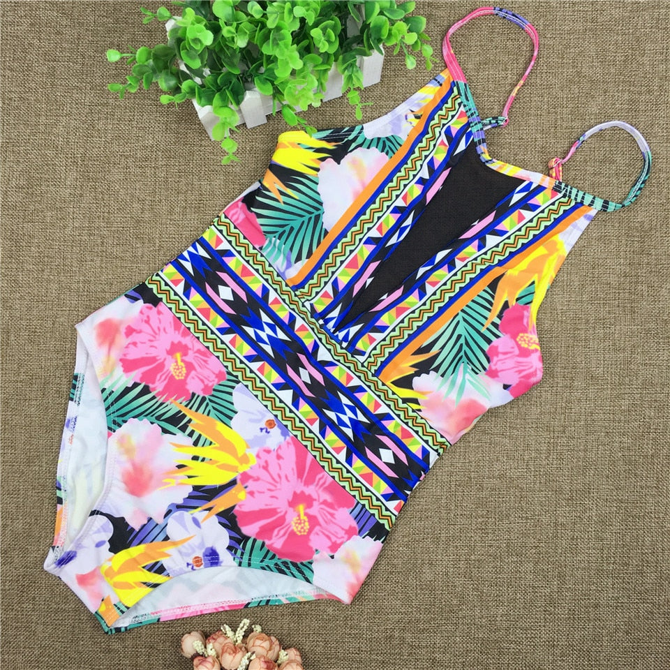 Sexy Mesh One Piece Swimsuit High Cut Swimwear Women Floral Bathing Suit Patchwork Bikini