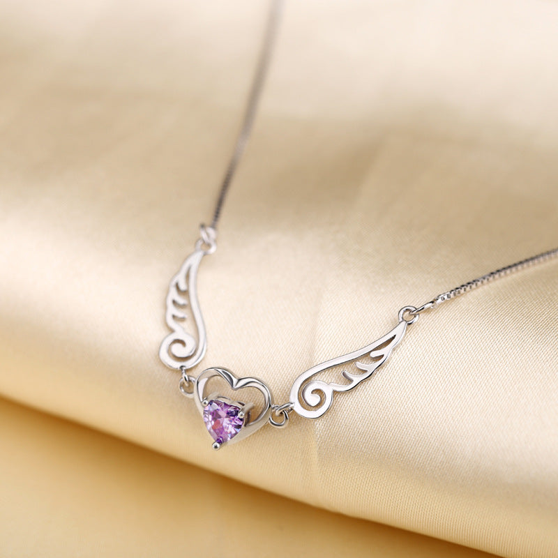 Angel Wings Necklace Pure Silver 925 Jewelry Romantic Purple Crystal Heart Necklaces For Women Sterling-Silver-Jewelry Necklace