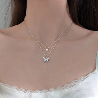 Fashion Jewelry Elegant Silver Color Shiny Butterfly Necklaces Ladies Exquisite Double Layer Clavicle Chain Necklace Jewelry Gift