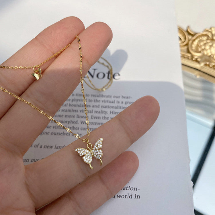 Fashion Jewelry Elegant Silver Color Shiny Butterfly Necklaces Ladies Exquisite Double Layer Clavicle Chain Necklace Jewelry Gift