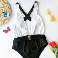 One-piece swimsuit color-block metal belt