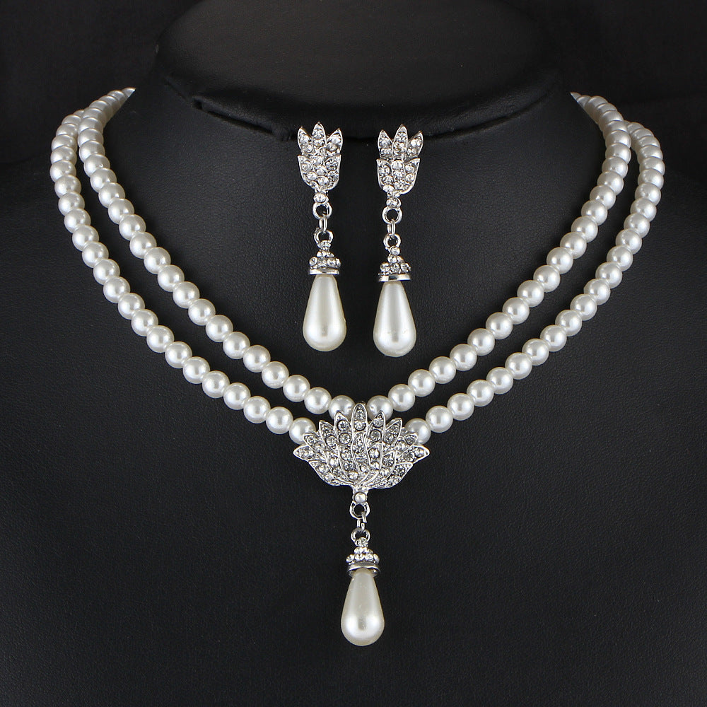 Jewelry Bridal Pearl Crystal Diamond Short Clavicle Neck Necklace Set