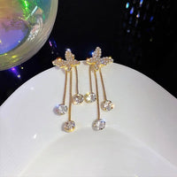 Fashion Jewelry Shiny Butterfly Rhinestone Drop Dangle Earrings Women Elegant Long Pearl Tassel Chain Pendant Party Jewelry