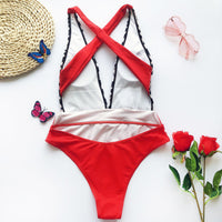 One-piece swimsuit color-block metal belt