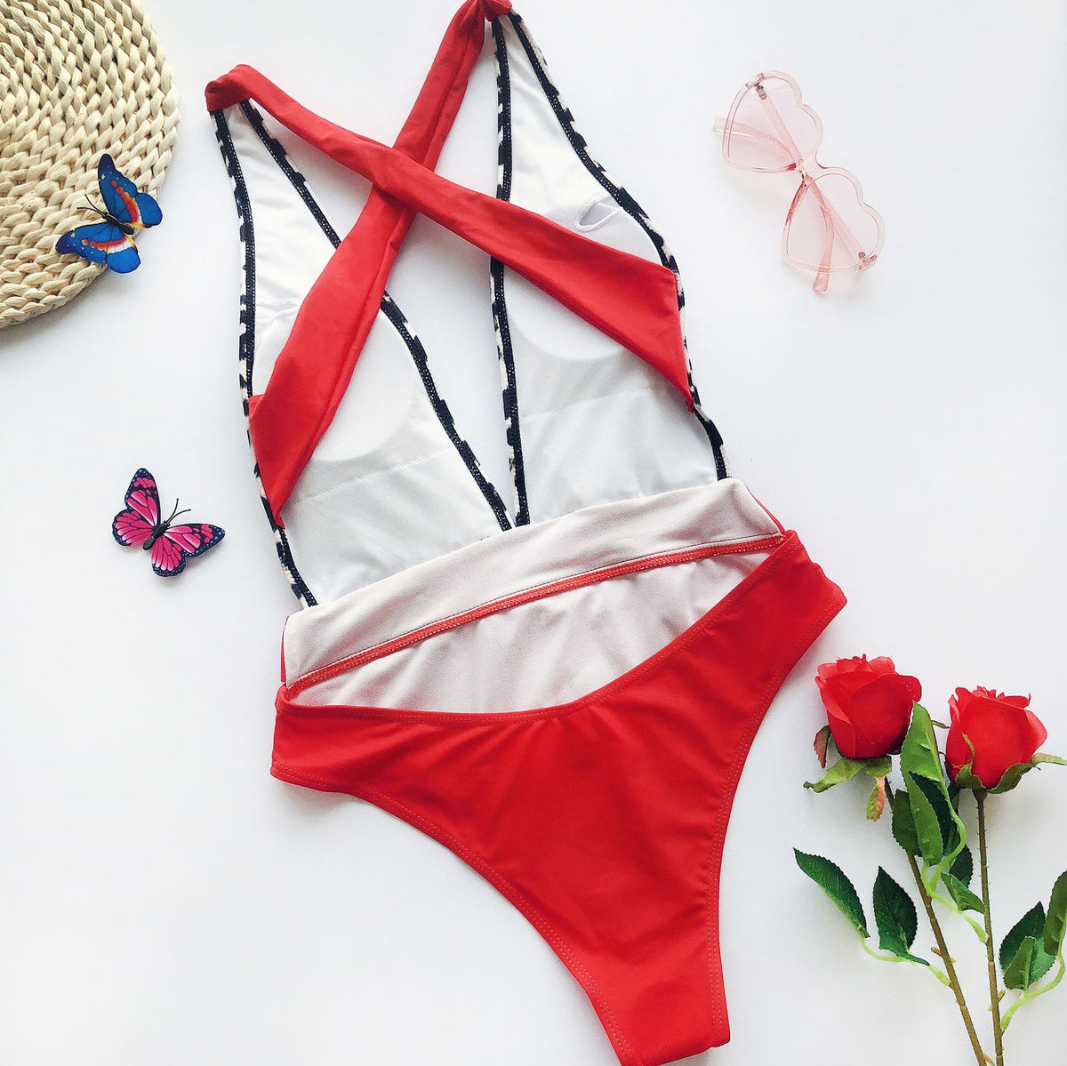 One-piece swimsuit color-block metal belt