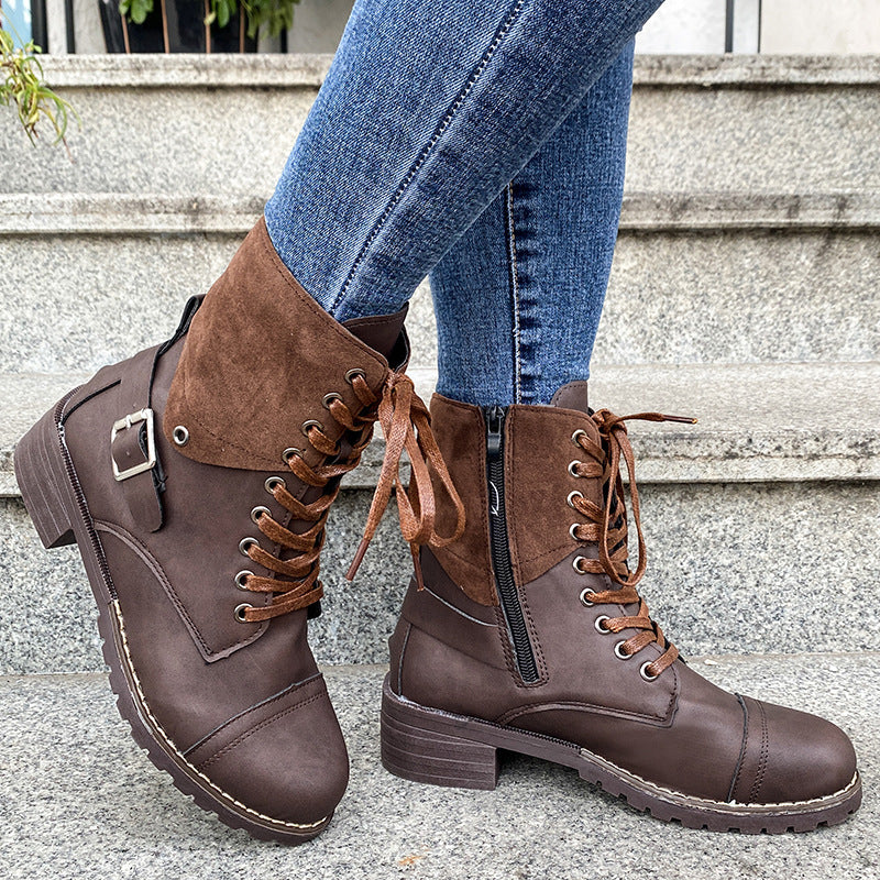 Lace-up Boots Winter Buckle Cowboy Boots Women Low Heel Shoes