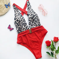 One-piece swimsuit color-block metal belt