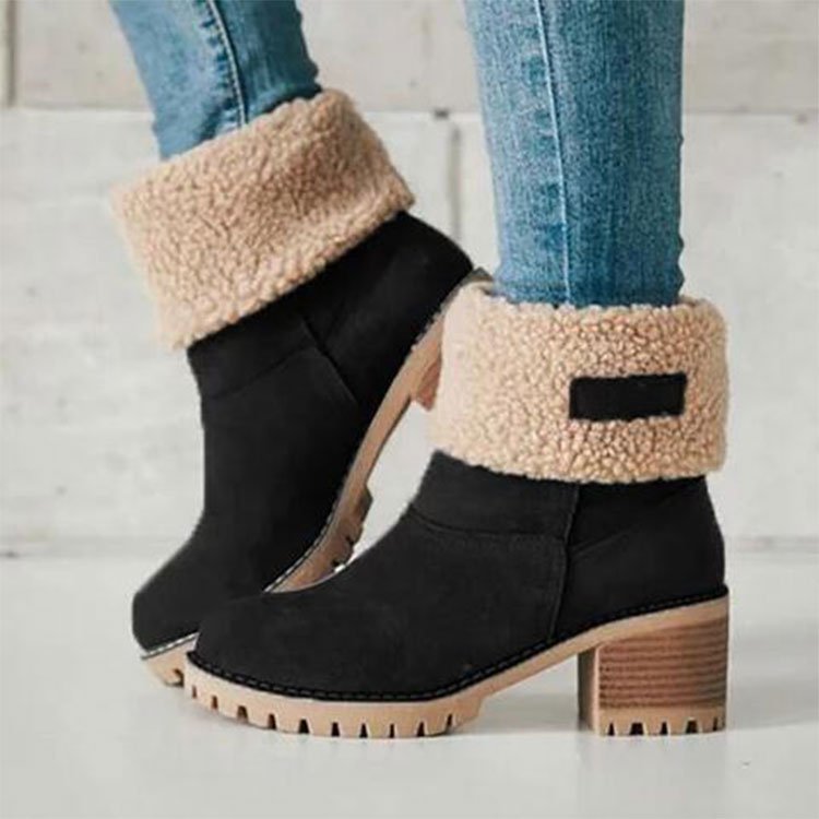 Suede Ankle Boots Adjustable Foldable Mid-Calf Boot Winter Flock Square Heels Shoes Fashion Plush Warm Platform Non-Slip Shoes