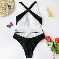 One-piece swimsuit color-block metal belt