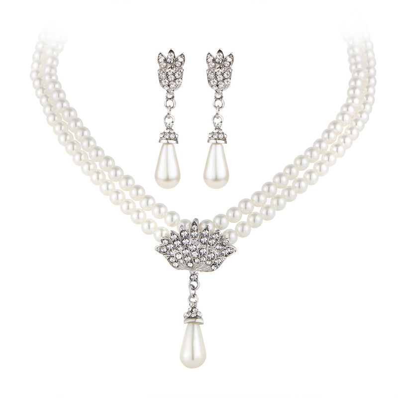 Jewelry Bridal Pearl Crystal Diamond Short Clavicle Neck Necklace Set