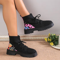 Flowers Print Sock Boots Knitted Mesh Shoes Breathable High-top Elastic Slip-on Shoes For Women Autumn Winter Ankle Boots