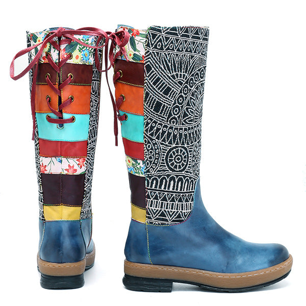 Vintage Mid-calf Boots Women Shoes Bohemian Retro Genuine Leather Motorcycle Boots Printed Side Zipper Back Lace Up Botas