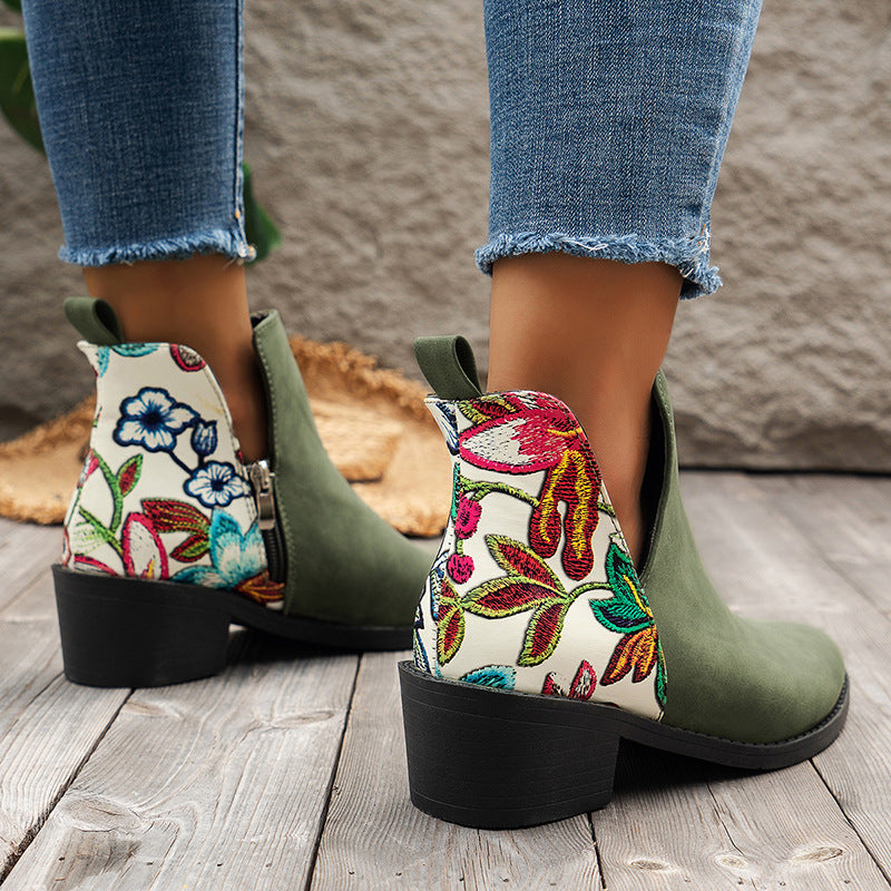 Flowers Printed Ankle Boots Fashion Side Zipper V-cut Square Heel Shoes For Autumn Winter Pionted Toe Boot Women