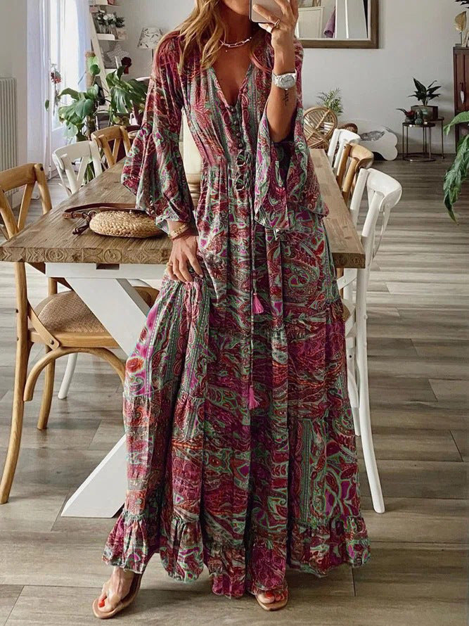 Bohemian Flare Sleeve Printed V-neck High Waist Holiday Dress Floral Female Dress