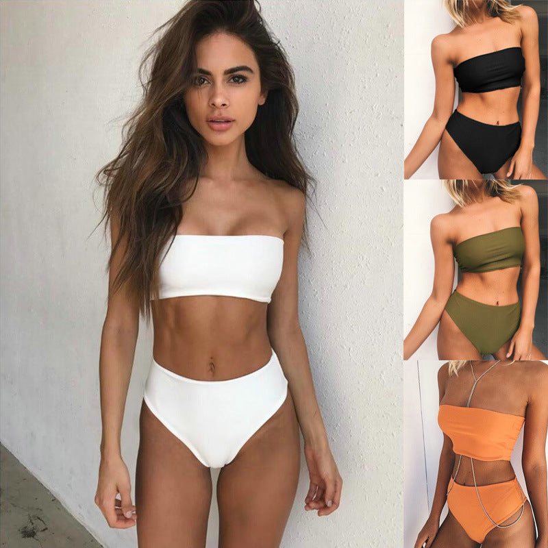 Sexy Two-Piece Breast Wrap Swimsuit Bikini Set Tube Top Set