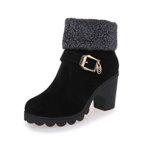 Belt Buckle Flanging High-heel Warm Women's Boots