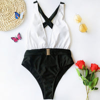 One-piece swimsuit color-block metal belt