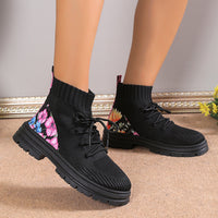 Flowers Print Sock Boots Knitted Mesh Shoes Breathable High-top Elastic Slip-on Shoes For Women Autumn Winter Ankle Boots