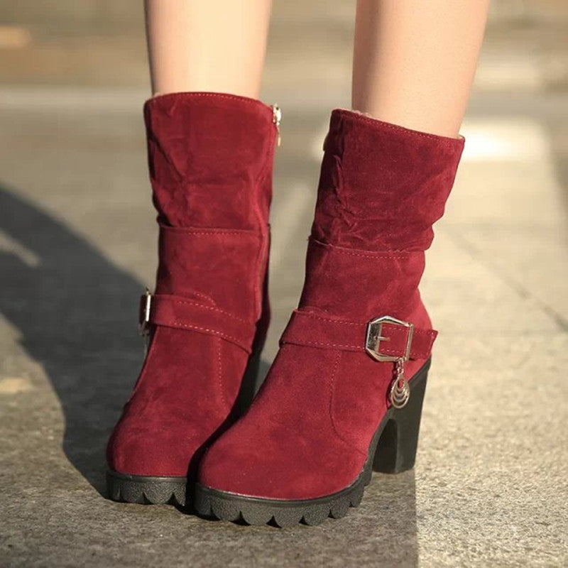 Belt Buckle Flanging High-heel Warm Women's Boots