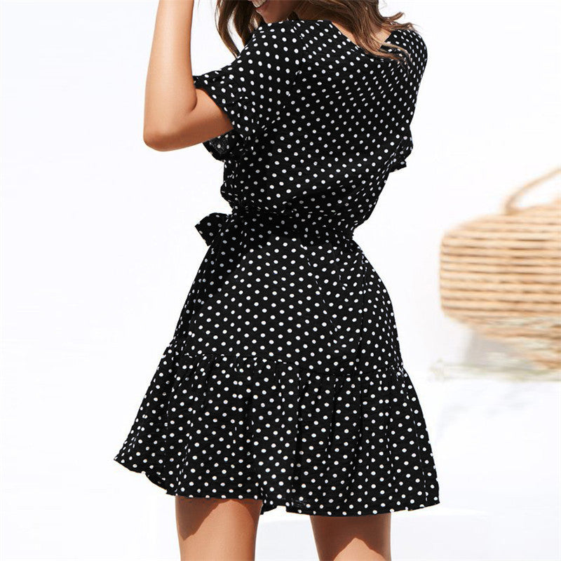 Casual polka-dot high-rise strap V-neck chiffon ladies dress