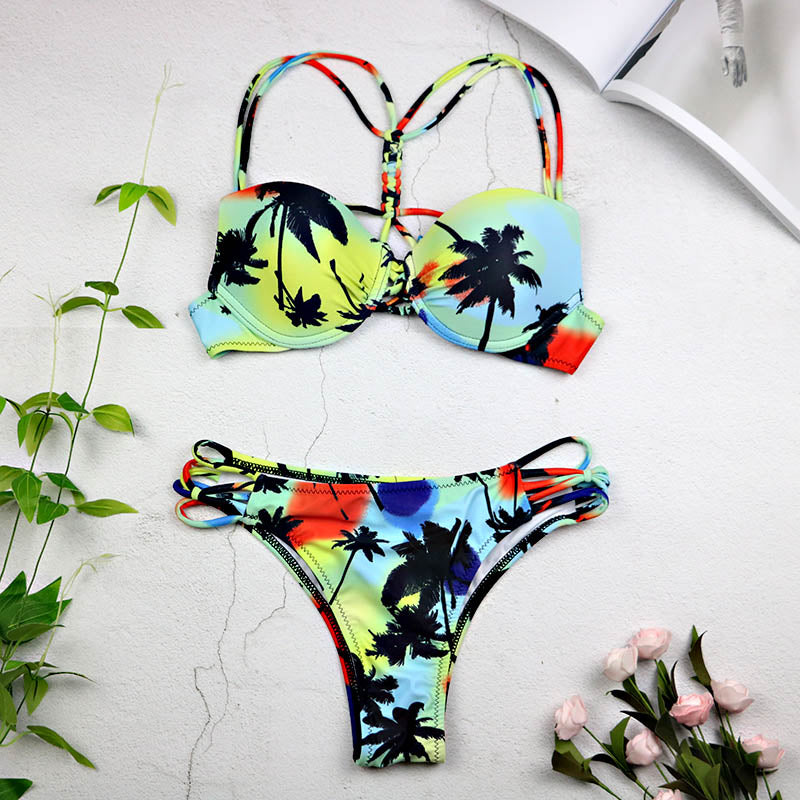 Women Sexy Swimwear Leaf Print Bikini Halter Swimsuit Bathing Suit Women Cute Bikini Set Monokini Underwire