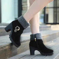 Belt Buckle Flanging High-heel Warm Women's Boots