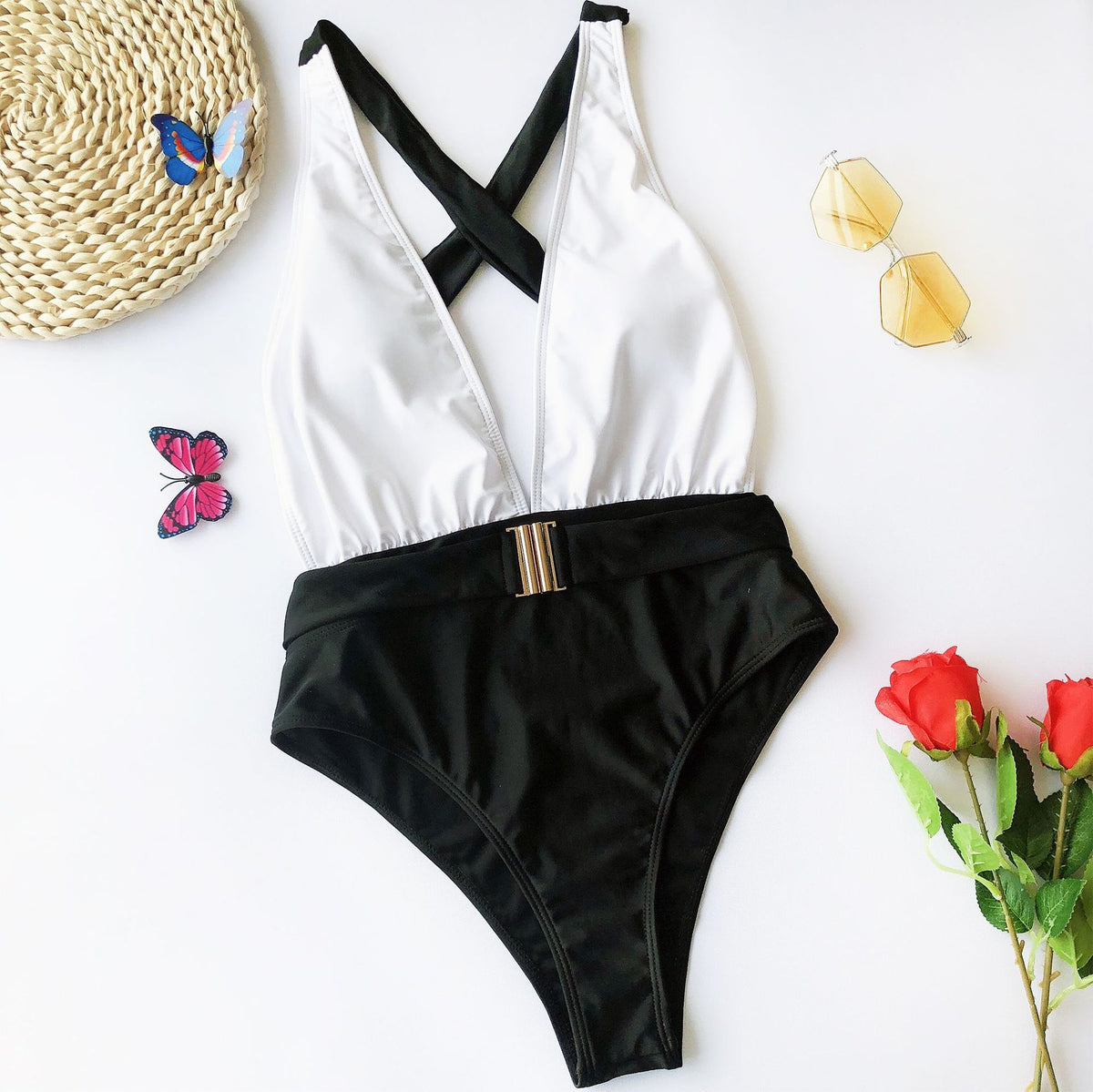 One-piece swimsuit color-block metal belt