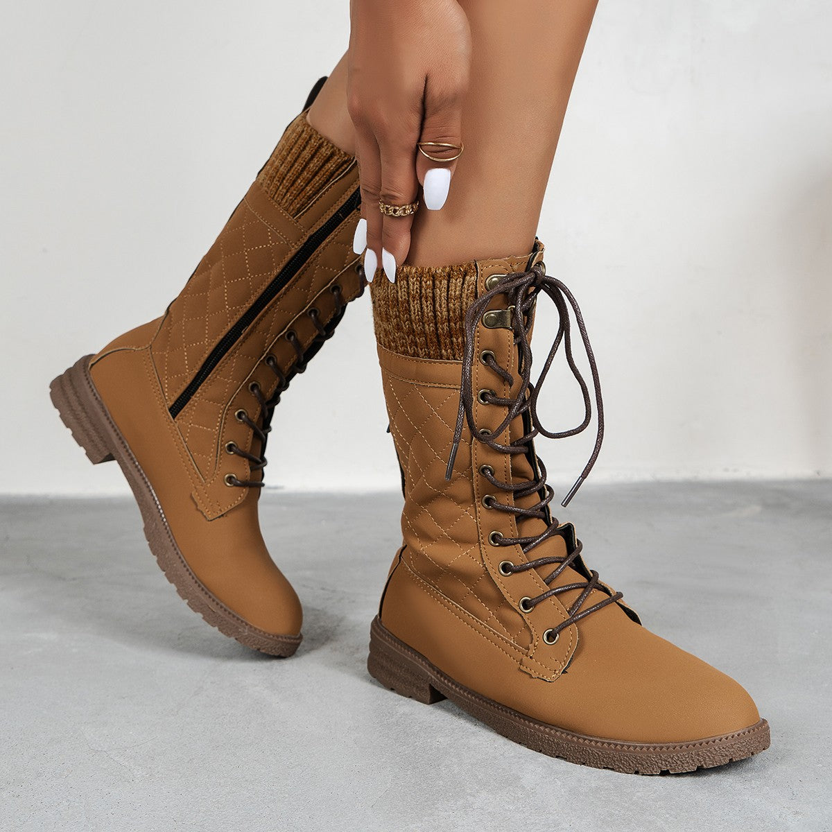 Lace Up Boots Winter Cowboy Boots Women Block Heel Round Toe Shoes