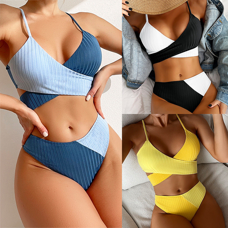 Bikini Patchwork Swimwear Ribbed Women's Swimsuit Knot Back Beachwear Ruched Butt Biquinis Bathing Suits