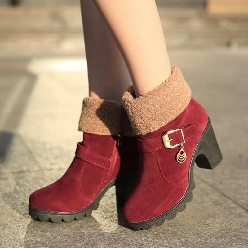 Belt Buckle Flanging High-heel Warm Women's Boots