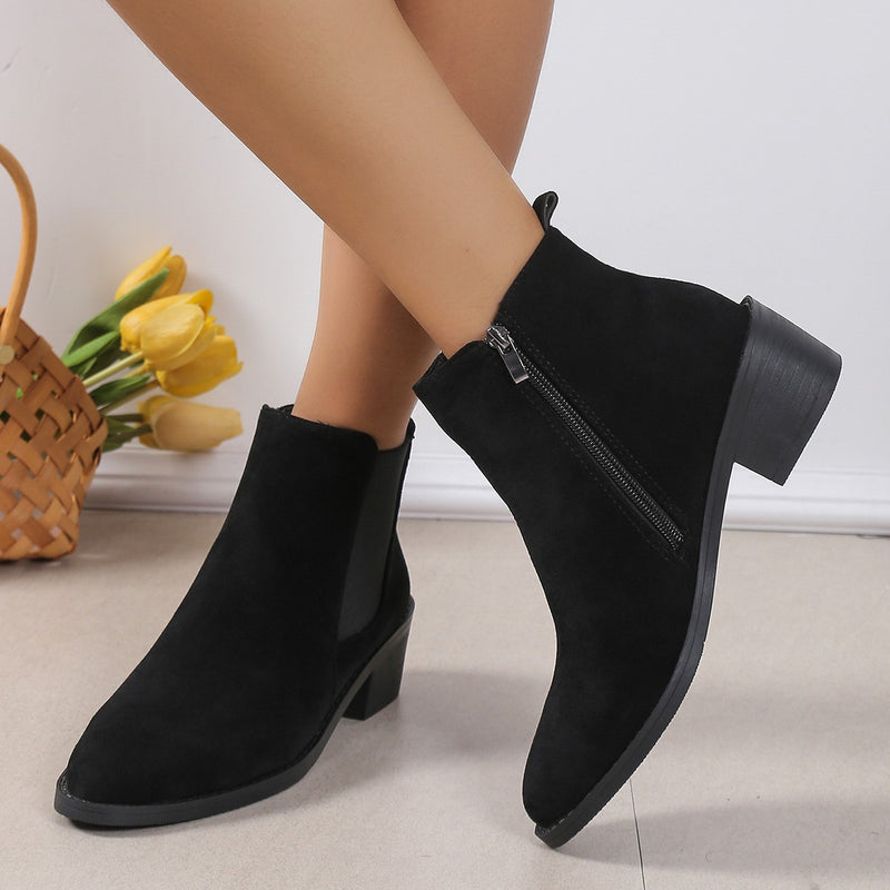 Women's Fashion Ankle Boots With Side Zipper Chunky Heel Boots Slip On Comfortable Solid Color Shoes