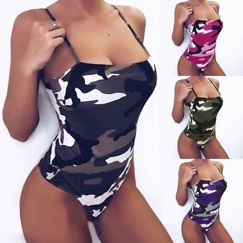 Slim-Fit Suspender Camouflage One-Piece Swimsuit Jumpsuit