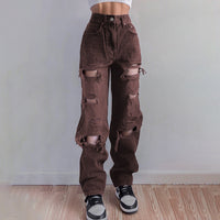 Asymmetrical Hole High-rise Buttocks Straight-leg Casual Jeans