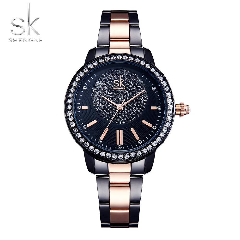 Shengke Rose Gold Relogio Feminino Japanese Quartz Watch For Women Crystal Luxury Black Women's Watch With 6 Months Warranty