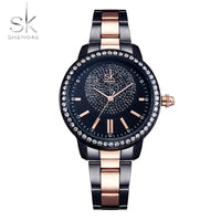 Shengke Rose Gold Relogio Feminino Japanese Quartz Watch For Women Crystal Luxury Black Women's Watch With 6 Months Warranty