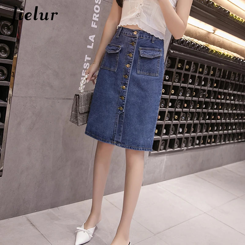 Jielur High Waist Denim Skirts Buttons Pockets Classic Jeans Skirt for Women S-5XL Size Fashion Korean Elegant Jupe Femme