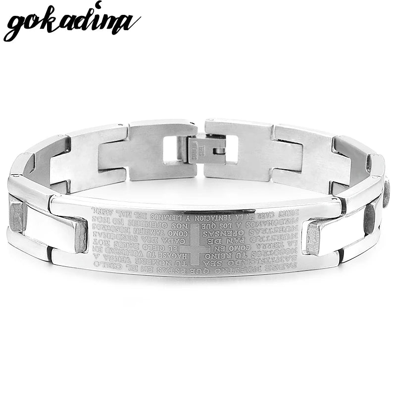 Gokadima Cross Bible Scripture Men Bracelet Stainless Steel Bracelet Black or Silver color, Jewelry pulseras Wholesale,WB104