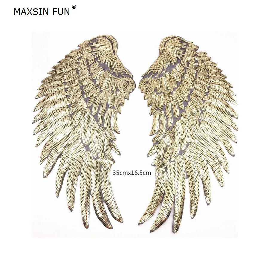 MAXSIN FUN 1 Pair Fashion Large Sequins Wing Patch For Clothing Applique Jeans DIY Accessories Cute Sew On Feather Sticker