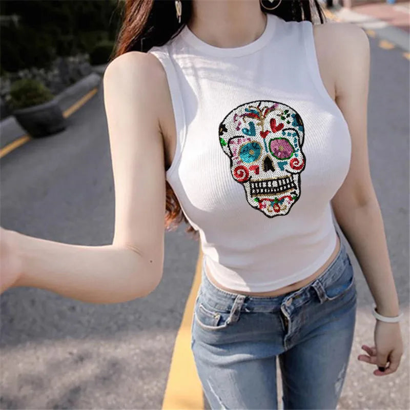 26CM Skull head Patches For Clothing Sequins Biker Badge Embroidery Fabric Patch Sequined Women Clothes Stickers Strange things