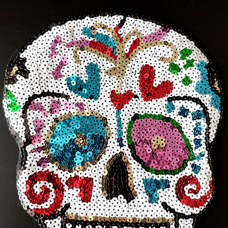 26CM Skull head Patches For Clothing Sequins Biker Badge Embroidery Fabric Patch Sequined Women Clothes Stickers Strange things