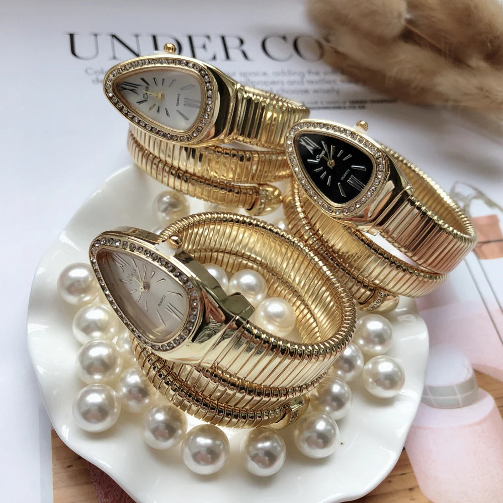 2021 Cussi Women's Watches Snake Shape Luxury Wrist Watch for Women Steel Unique Gold Quartz Ladies Watches Clock Reloj Mujer