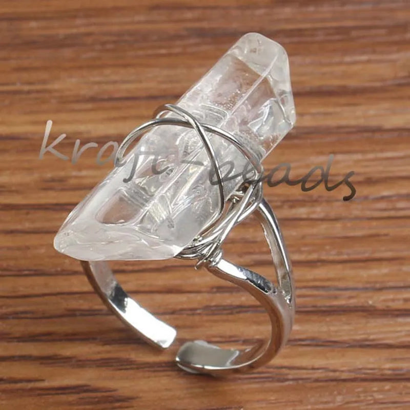 Natural Crystal Quartz Stone Finger Rings For Women Men Wire Wrapped Rock Crystal Irregular Adjustable Stone Finger Ring Jewelry