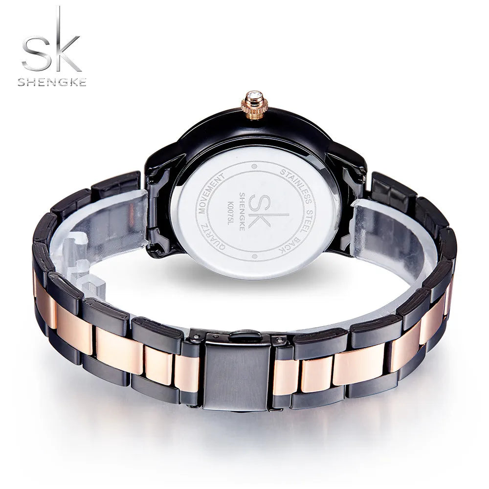 Shengke Rose Gold Relogio Feminino Japanese Quartz Watch For Women Crystal Luxury Black Women's Watch With 6 Months Warranty