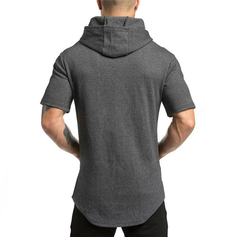 Mens Bodybuilding Hoodies Gyms Hooded Short Sleeve Fitness Clothing Muscle Shirt Cotton Slim Solid Cotton Pullover Sweatshirt