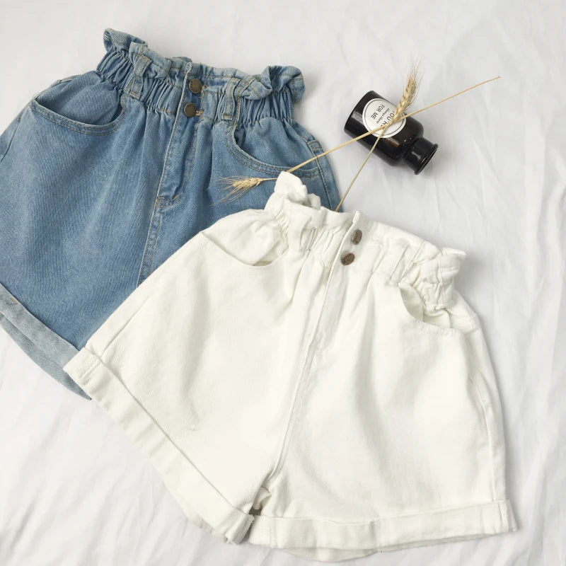 2023 Summer High Waist Denim Shorts Women Casual Loose Ladies Fashion Roll Up Hem Elastic Waist Pocket Blue White Jeans Female