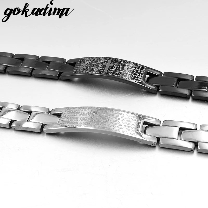 Gokadima Cross Bible Scripture Men Bracelet Stainless Steel Bracelet Black or Silver color, Jewelry pulseras Wholesale,WB104