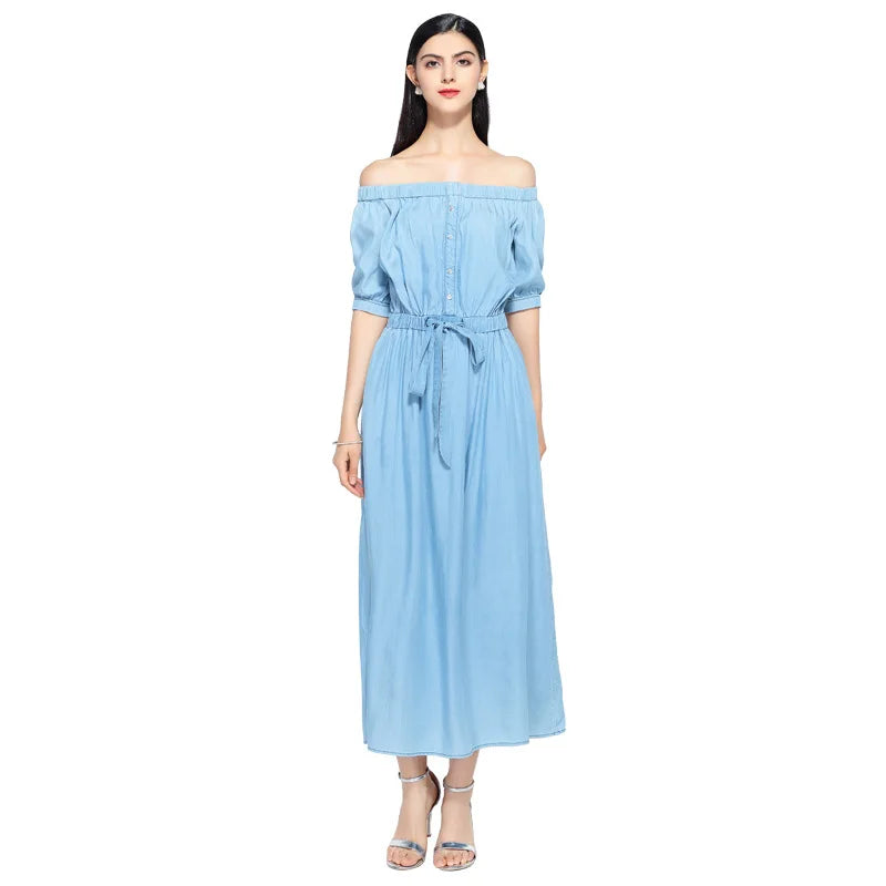 2023 new summer casual slim dress women elegant slash neck half sleeve denim dresses vestidos de verano women clothes 2019