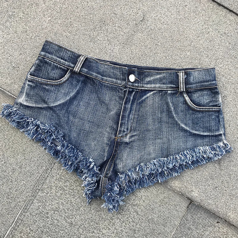 2024 Summer Women Beach Sexy Low Waist Tassel Denim Short Jeans Mini Skinny Club DJ Dance New