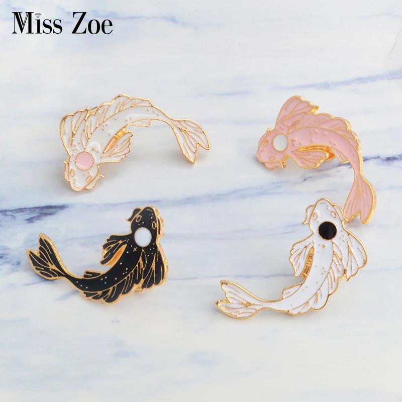 Lucky fish Koi Enamel pin White pink black Brooches Gift Denim Jeans Clothes cap bag Pin Badge Button Lapel pin gift for kids